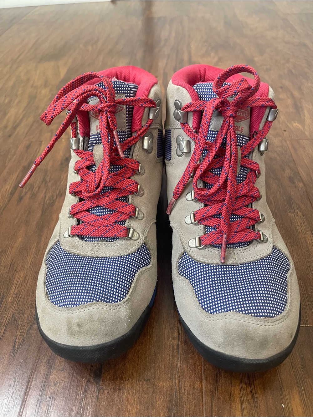 Merrell Eagle Origins Hiking Boots Grey Suede Blue Mesh Red Laces Size 8